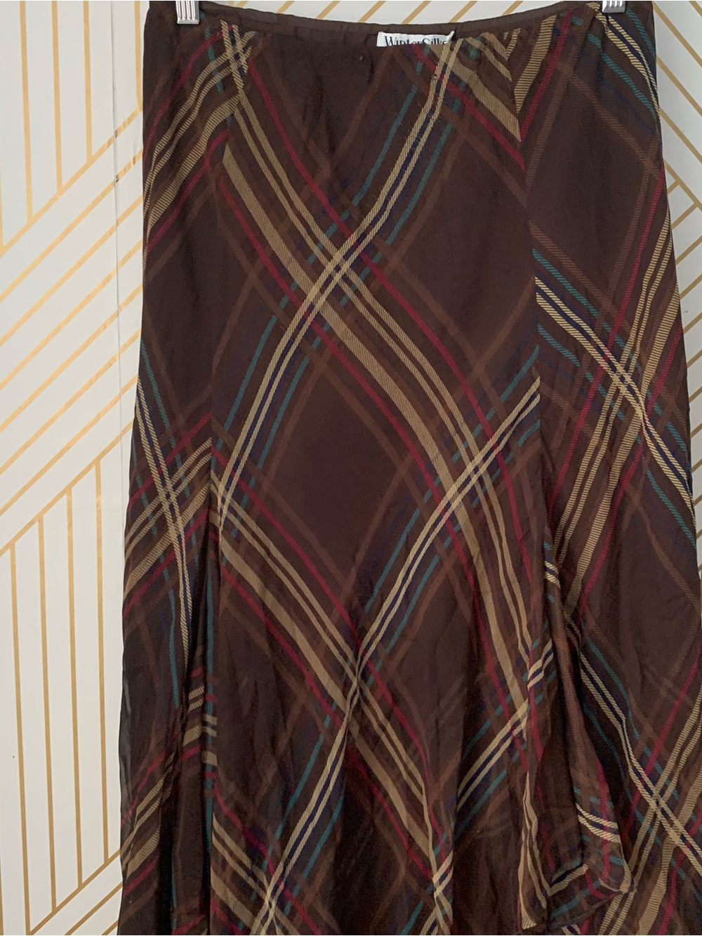 Winter Silks 100% Silk bias cut plaid tartan gypsy boho Renfair Flowy midi skirt - Picture 8 of 13
